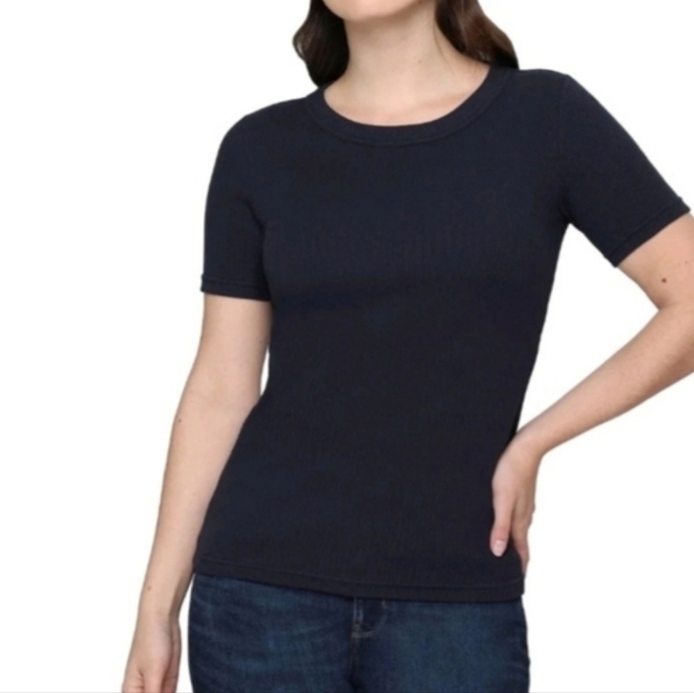 Tahari Navy Blue Short Sleeve Tee Ribbed Crewneck Women's XL Cotton
